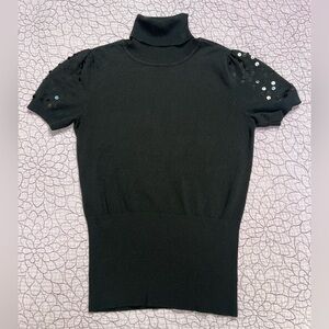 White House Black Market Black Turtleneck Top with Sequin Accents